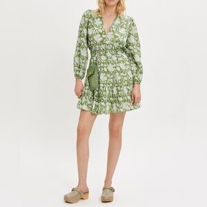 Maje Printed Cotton Green White Long Sleeve Dress Size FR 40 (L)